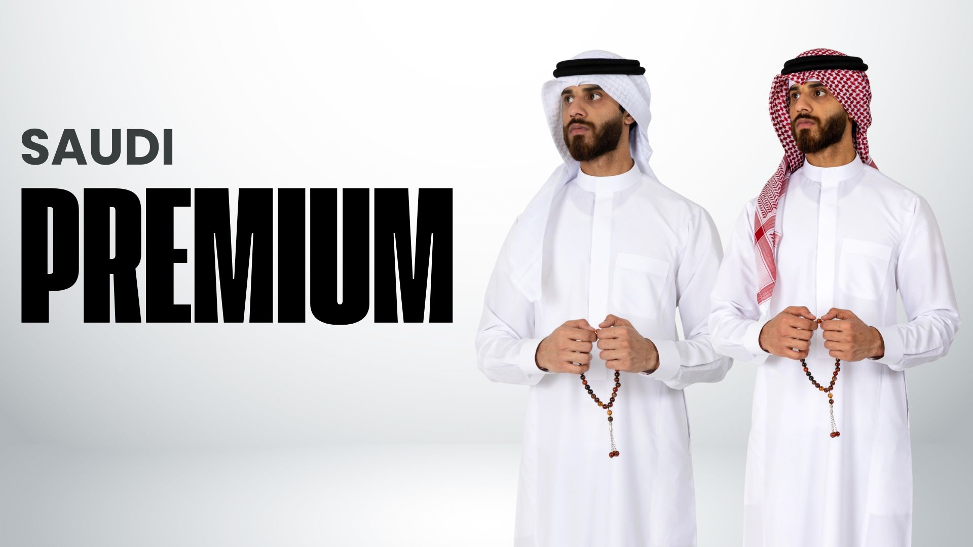 Promotional banner for alqamees featuring two models showcasing the Premium Saudi Shemagh in classic red and white and pure white, styled with traditional thobes, igals, and tasbihs against a clean studio background with "SAUDI PREMIUM" text.