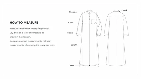 Shirt measurement guide showing front and back views with arrows for chest, shoulder, sleeve, length, and hem labels.
