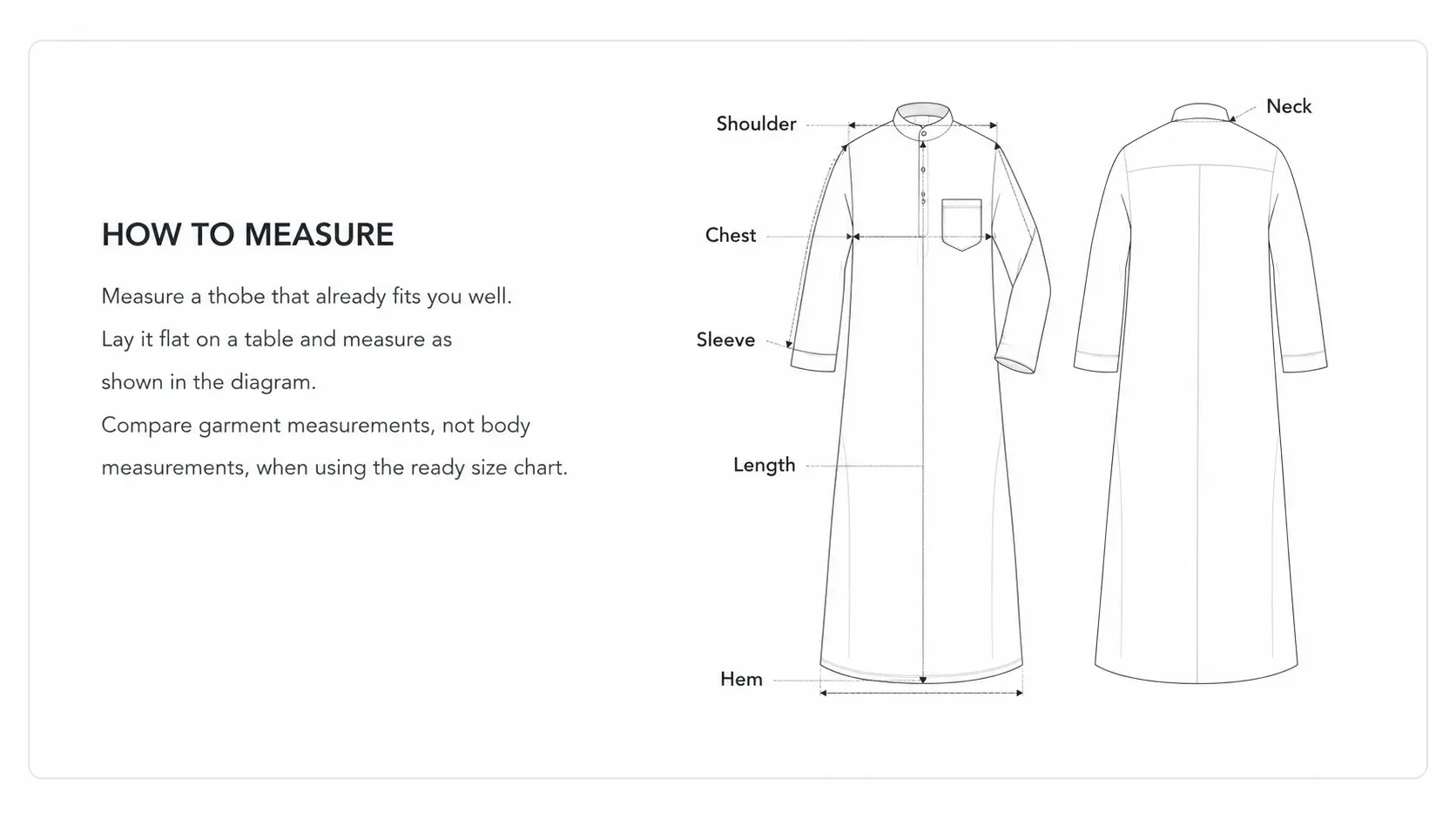 Shirt measurement guide showing front and back views with arrows for chest, shoulder, sleeve, length, and hem labels.
