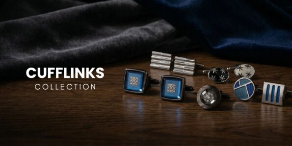Premium Men’s Cufflinks Collection featuring luxury silver and navy blue square designs with crystal centers, minimalist textured bar links, and circular patterned styles on a dark wood surface.