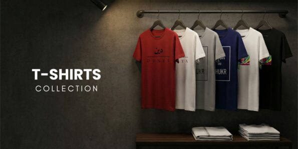 T-Shirts Collection banner featuring men’s crew neck shirts in red, white, grey, and navy blue with "Dunya" and "Shukr" graphic prints in Arabic and English calligraphy.