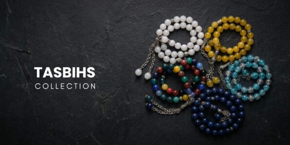 Tasbihs Collection featuring premium Islamic prayer beads in various colors including lapis lazuli blue, marble white, amber yellow, turquoise, and a multi-colored stone set on a dark slate background.