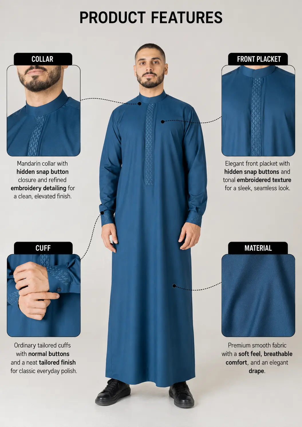 Truce Product callout Informational infographic of a blue traditional robe highlighting collar, front placket, cuffs, and material details for product features.