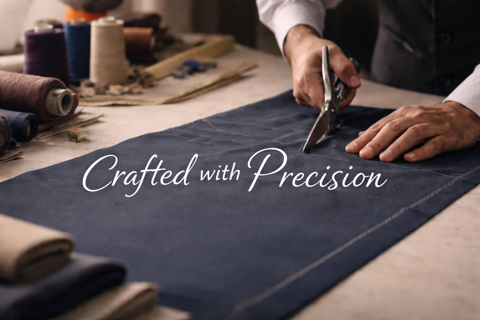 A professional tailor using shears to precisely cut navy blue fabric on a workshop table, surrounded by spools of thread. Text overlay reads "Crafted with Precision."