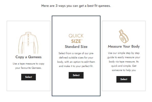 Three sizing options for a custom qamees: 'Copy a Qamees' using an existing garment, 'Quick Size' for standard sizes with an edit option, and 'Measure Your Body' using a step-by-step measurement guide.