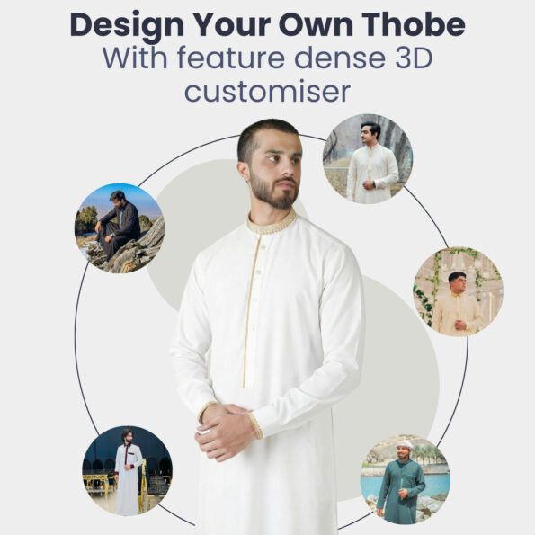 "Design Your Own Thobe" promotional banner featuring a 3D customizer service and models showcasing various custom-tailored thobes with gold embroidery and unique collar designs.