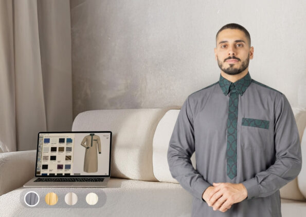 Tailored charcoal grey thobe with intricate embroidery using DYO