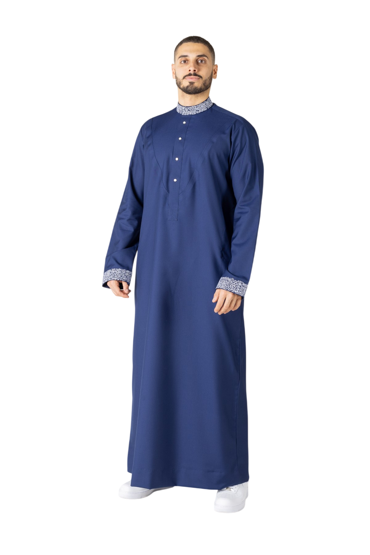 Devout embroidered deep navy thobe full product view