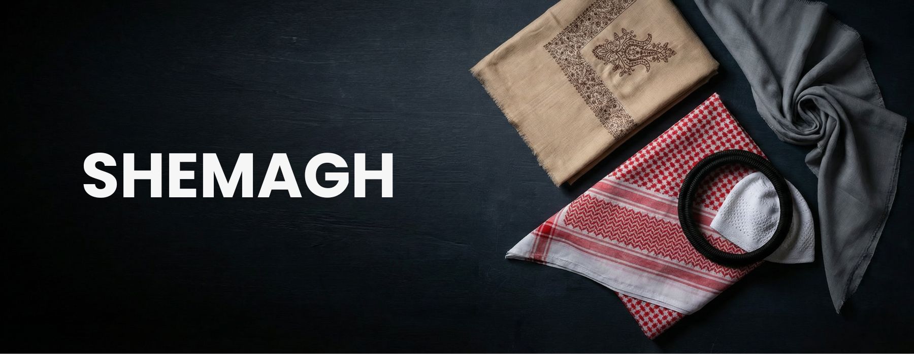 Collection of men's Shemaghs, Ghutras, and Agals in red, white, tan, and grey on a dark background – alqamees accessories.