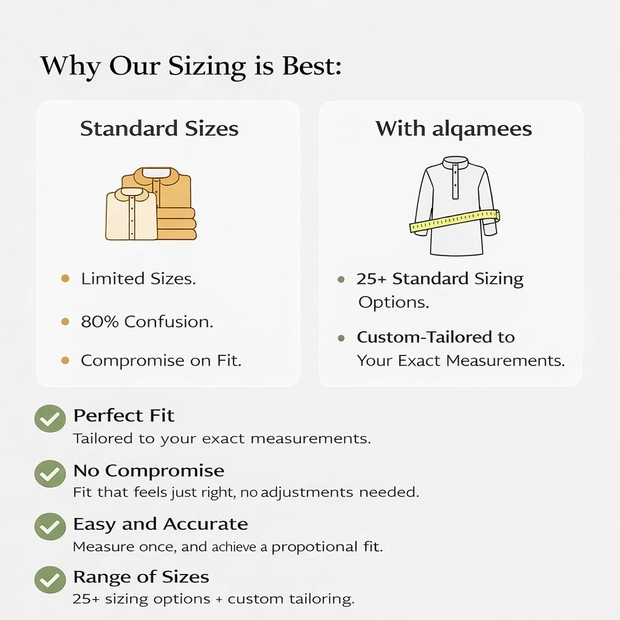 Comparison chart showing why alqamees sizing is superior to standard sizes, featuring 25 plus standard sizing options and custom-tailored measurements for a perfect fit thobe.