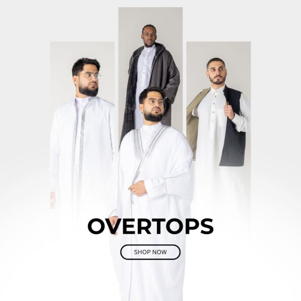 Group of four men in white traditional robes posing in vertical panels; bold 'OVERTOPS' text and a 'Shop Now' button below.