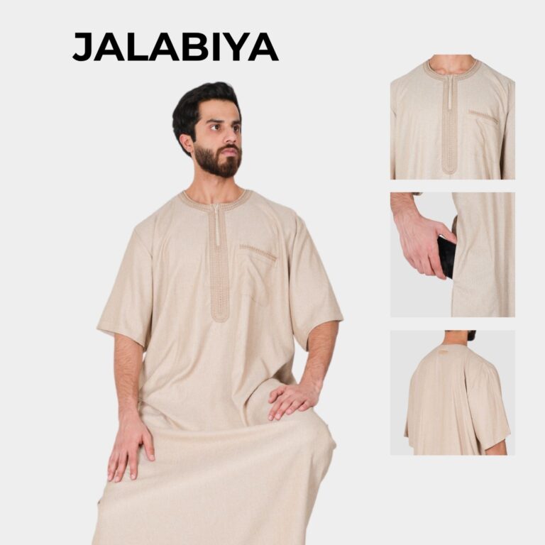 Product hero: man in beige jalabiya with embroidery, large 'JALABIYA' text on left and four thumbnails showing front, pocket, side pocket, and back views.