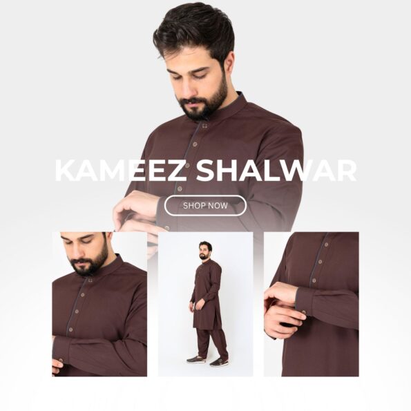 Male model in maroon kameez shalwar, looking down; large 'KAMEEZ SHALWAR' text with a 'SHOP NOW' button overlay.