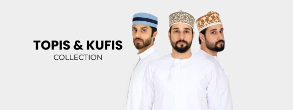 Advertisement banner with three men wearing white thobes and patterned kufis against a light gray background, promoting Topis & Kufis collection