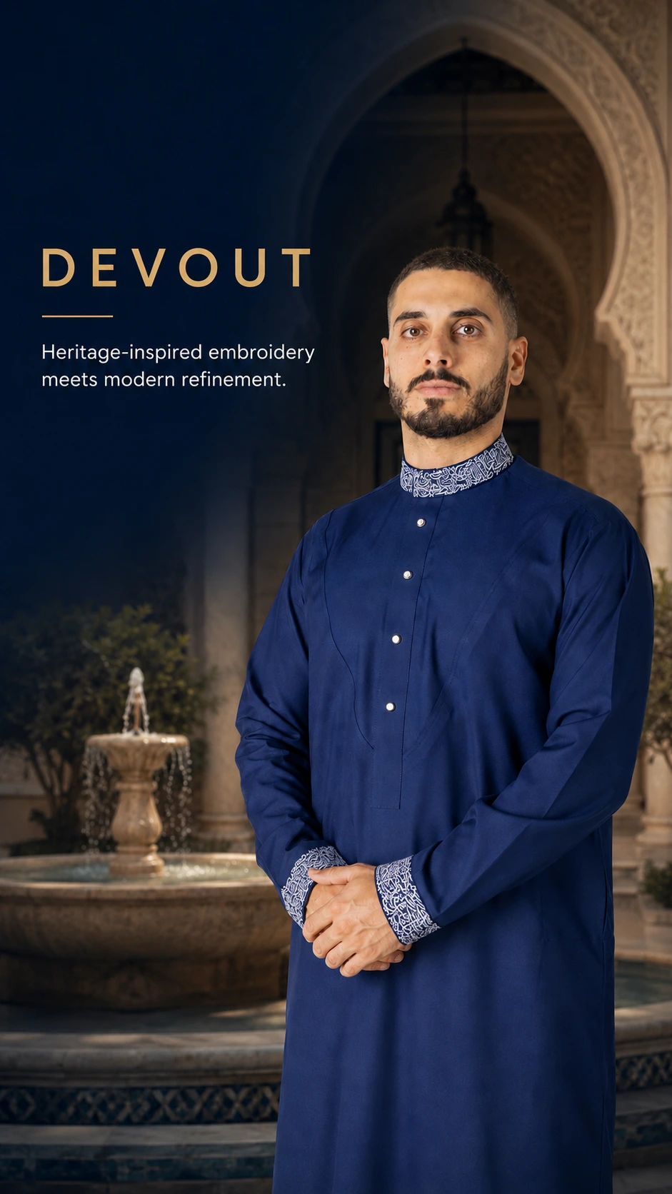 Man in a blue traditional tunic with embroidered cuffs stands beside an ornate arch and fountain; DEVOUT branding and slogan are visible on the left.