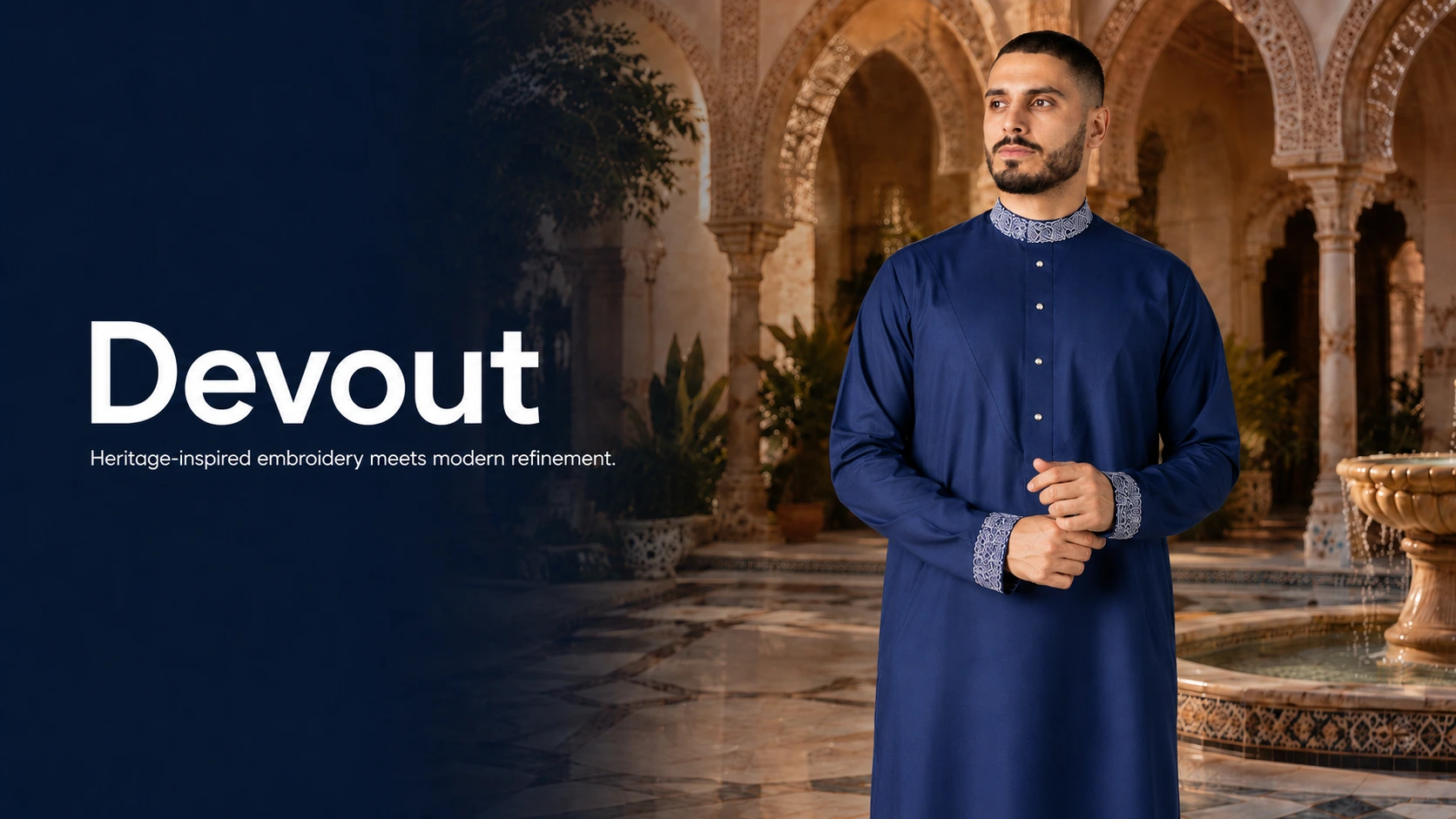 Man in a blue traditional long robe stands in a carved-arch courtyard; oversized 'Devout' title with a heritage-inspired tagline on the left.