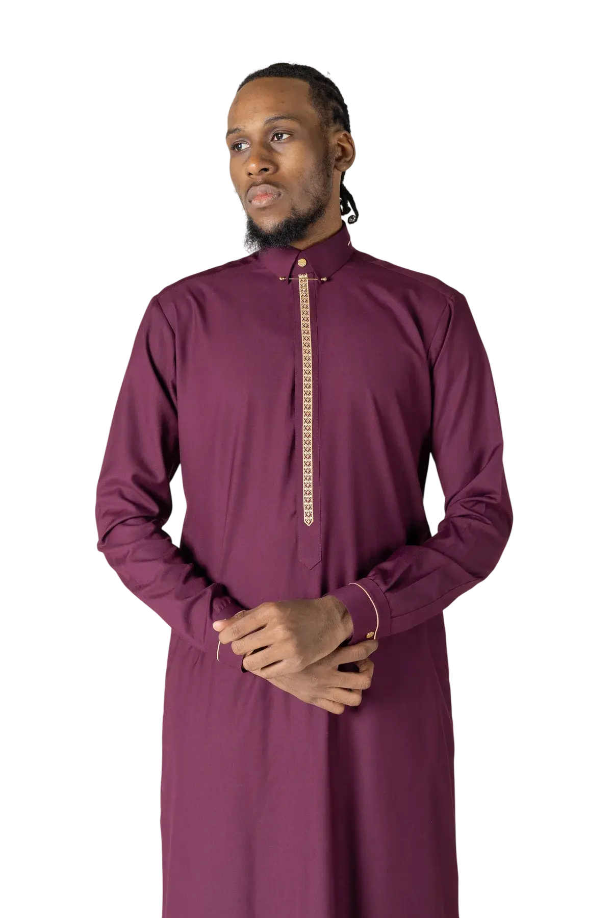 Defend maroon thobe with golden embroidery full product view