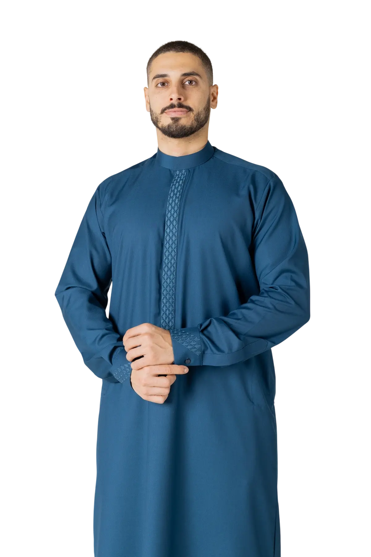 Truce deep dark cyan-blue embroidered thobe full product view
