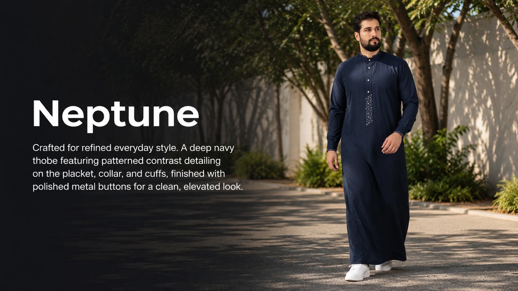 Brand hero image: man in a navy thobe walking along a sunlit path, with a large 'Neptune' headline and descriptive copy on the left.