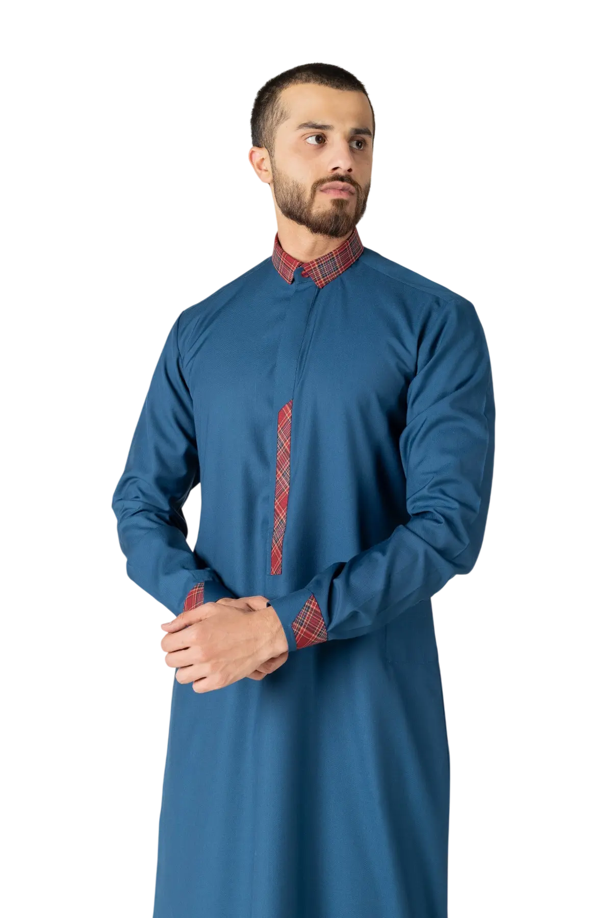Exemplary royal blue check detail thobe full product view
