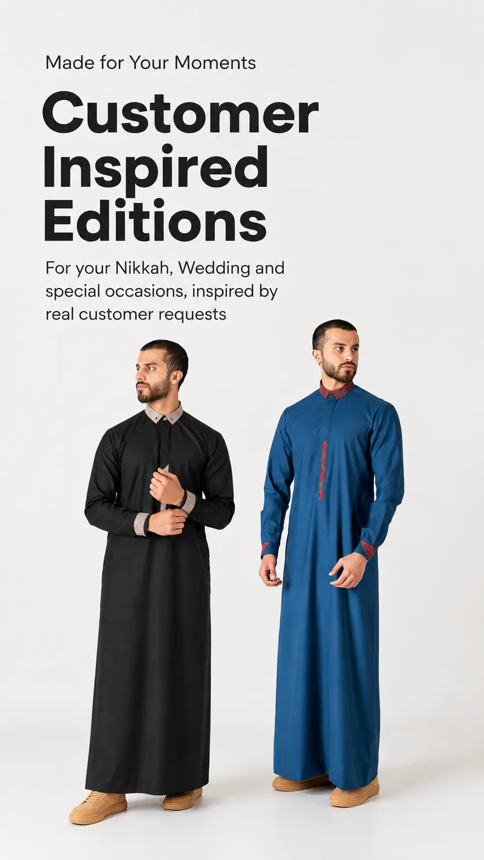 Two men in traditional long tunics (one black, one blue) stand side by side beneath bold text that reads 'Customer Inspired Editions' with smaller subtitle above and below, conveying a fashion collection for special occasions.