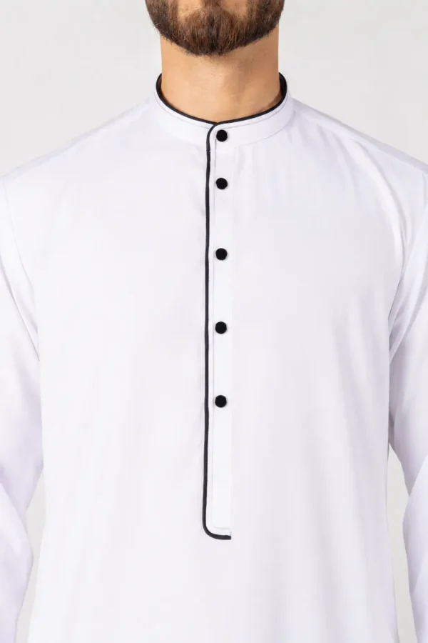 Man wearing a white kurta with black piping along the placket and stand-up collar, visible from chest up.