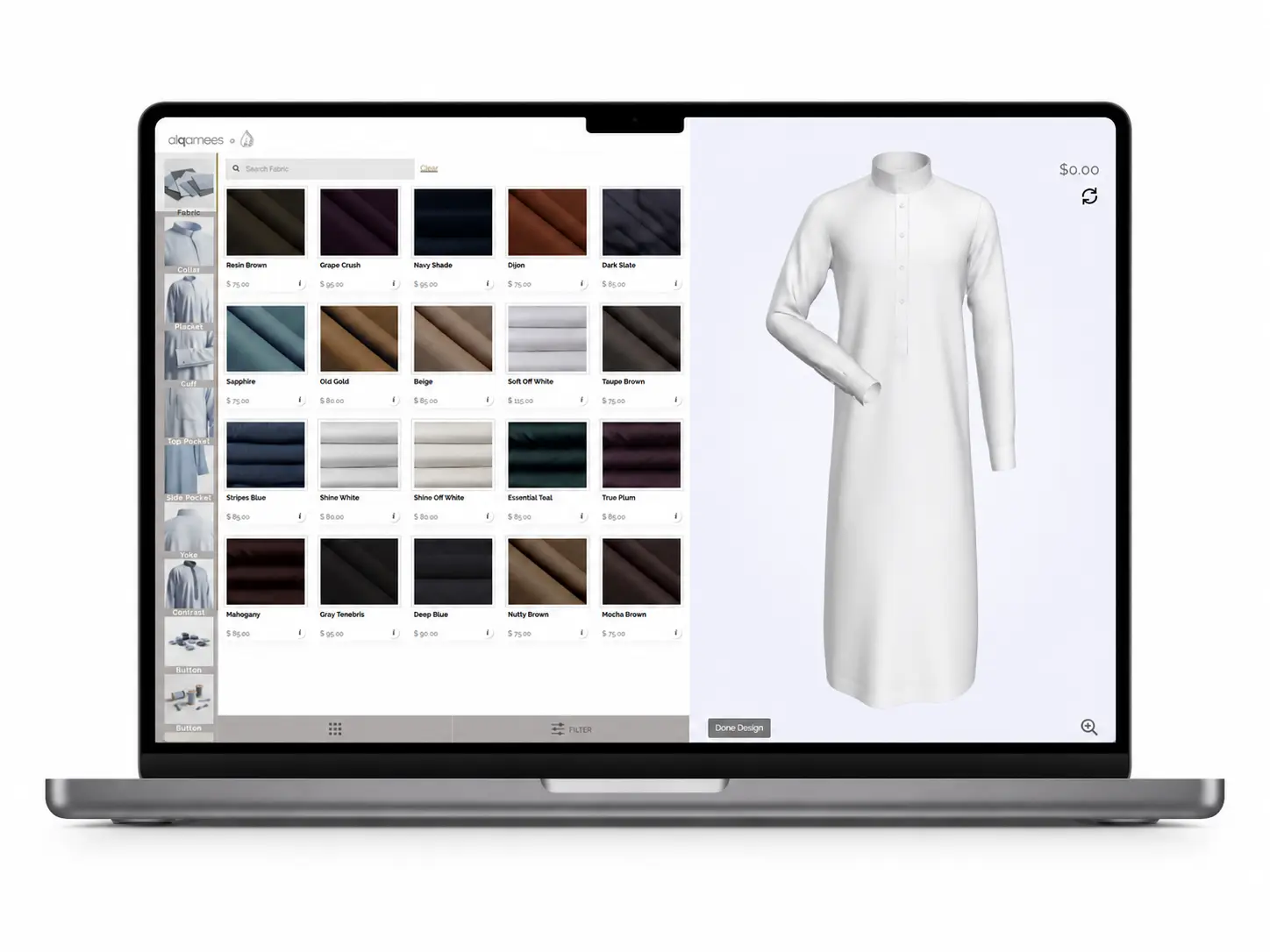 alqamees Design Your Own thobe configurator displayed on a laptop