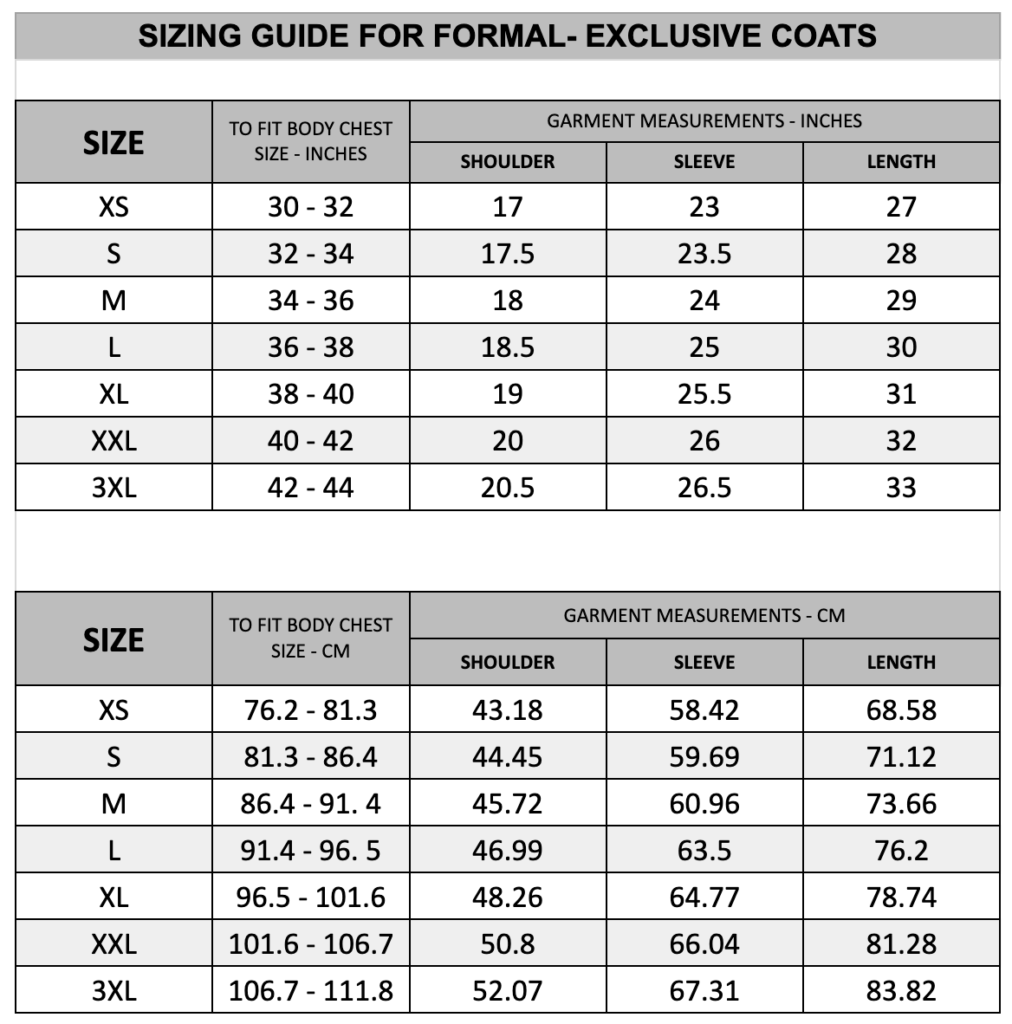 SIZING GUIDE FOR COATS